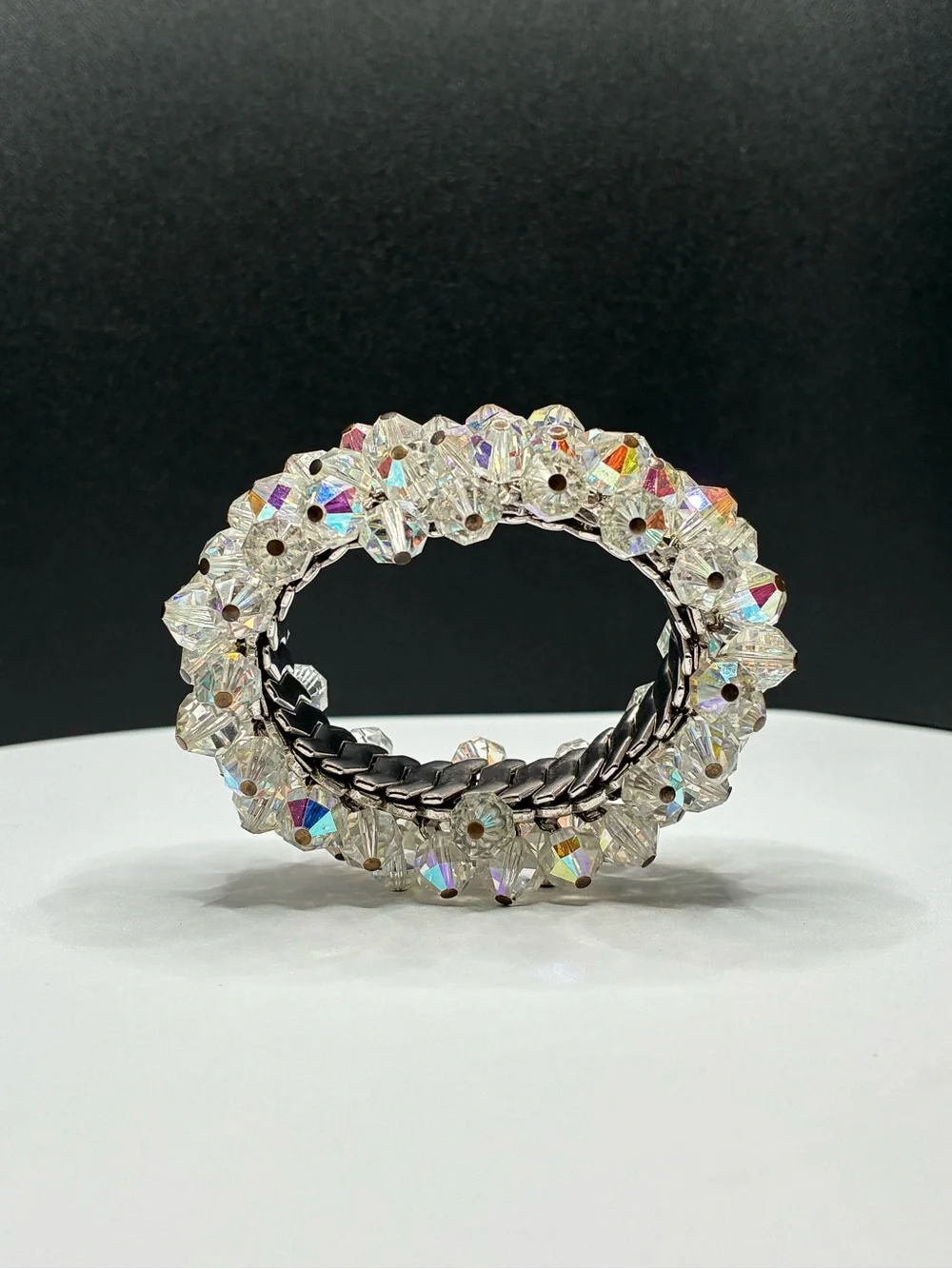 Vintage Chunky Crystal Aurora Bead Stretch Bracelet - Clear Iridescent